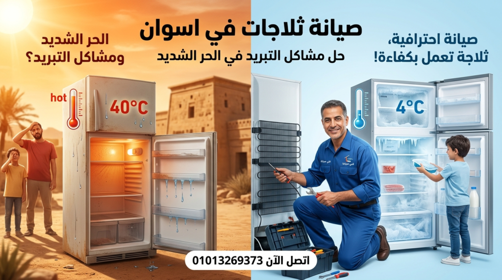 فني يقوم بإصلاح ثلاجة داخل المنزل في اسوان مع توضيح تأثير الحرارة العالية على التبريد وخدمة صيانة احترافية