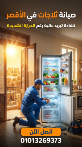 فني يقوم بإصلاح ثلاجة داخل المنزل في الاقصر مع تأثير الحرارة العالية وتحسين كفاءة التبريد