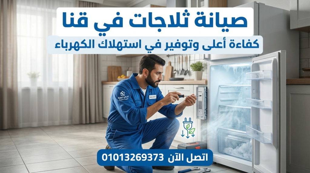 فني يقوم بإصلاح ثلاجة داخل المنزل في قنا مع تحسين كفاءة التبريد وتقليل استهلاك الكهرباء