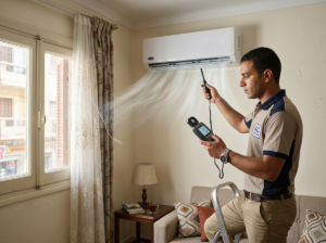 فحص تدفق الهواء من التكييف لقياس كفاءة التبريد داخل المنزل