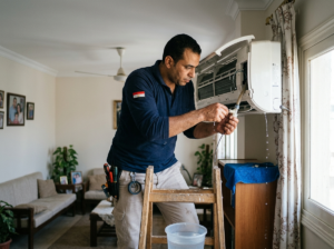 إصلاح تسريب المياه من التكييف داخل المنزل بواسطة فني صيانة