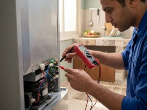 فحص الأعطال الكهربائية في الثلاجة باستخدام جهاز قياس داخل المنزل