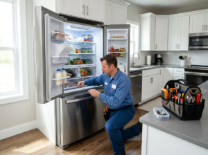 فني يقوم بإصلاح ثلاجة داخل المنزل في التجمع الخامس