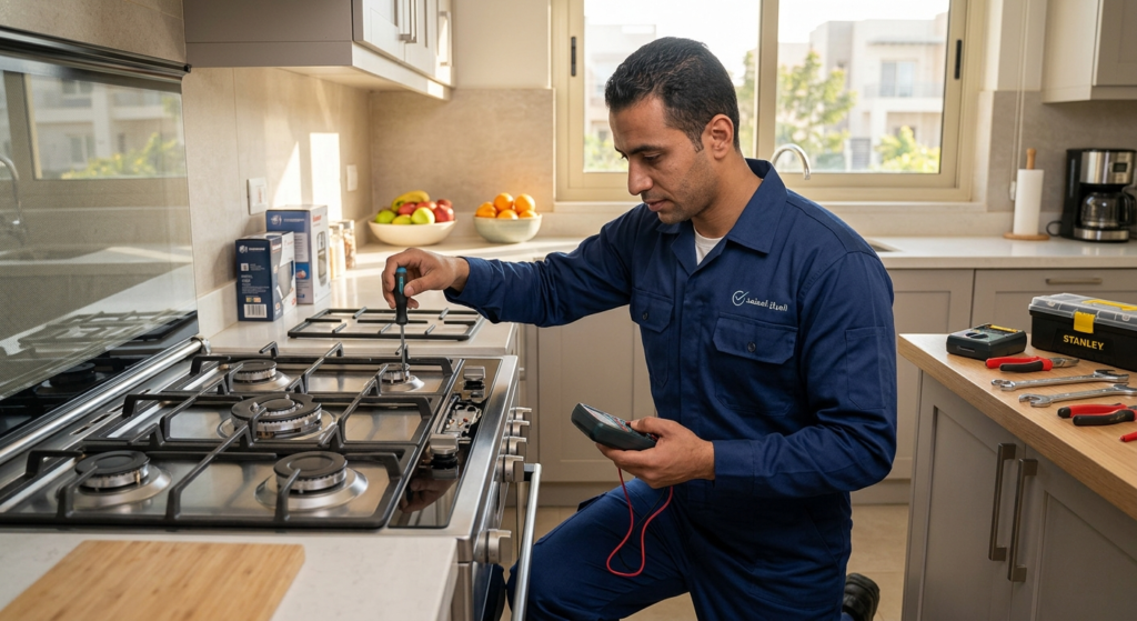 فني صيانة بوتاجازات في الشروق يصلح بوتاجاز في مطبخ حديث مع أدوات صيانة احترافية – المركز المعتمد