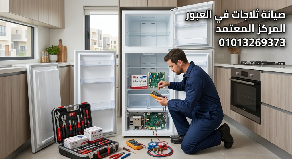 فني صيانة ثلاجات في العبور من المركز المعتمد يصلح ثلاجة منزلية باستخدام أدوات حديثة وقطع غيار أصلية