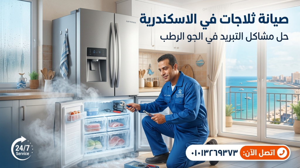 فني يقوم بإصلاح ثلاجة داخل المنزل في الاسكندرية مع تأثير الرطوبة وتحسين كفاءة التبريد